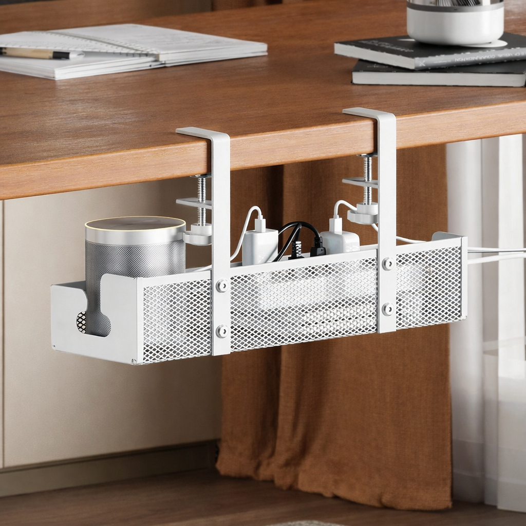 Under Desk Cable Organizer Tray – Expandable Metal No-Drill Cable Management System