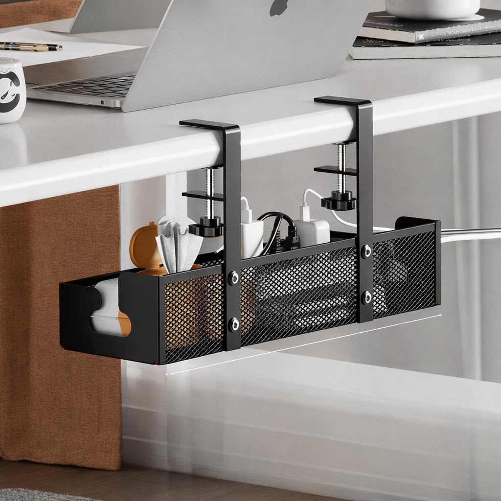 Under Desk Cable Organizer Tray – Expandable Metal No-Drill Cable Management System