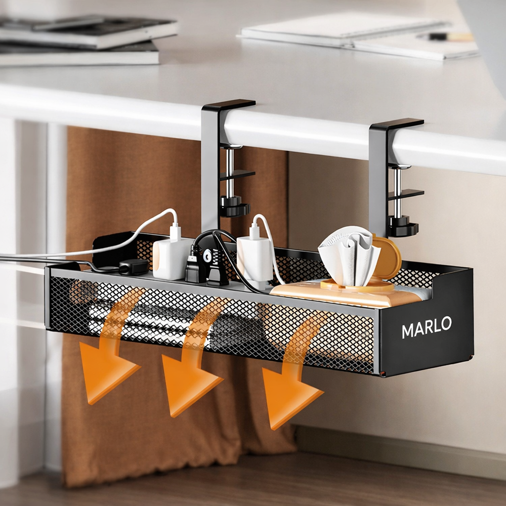 Under Desk Cable Organizer Tray – Expandable Metal No-Drill Cable Management System