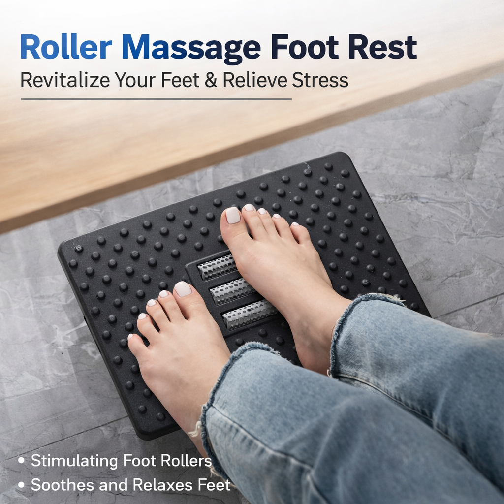 Adjustable Rocking Under-Desk Foot Rest – Ergonomic Office Foot Support with Massage Rollers